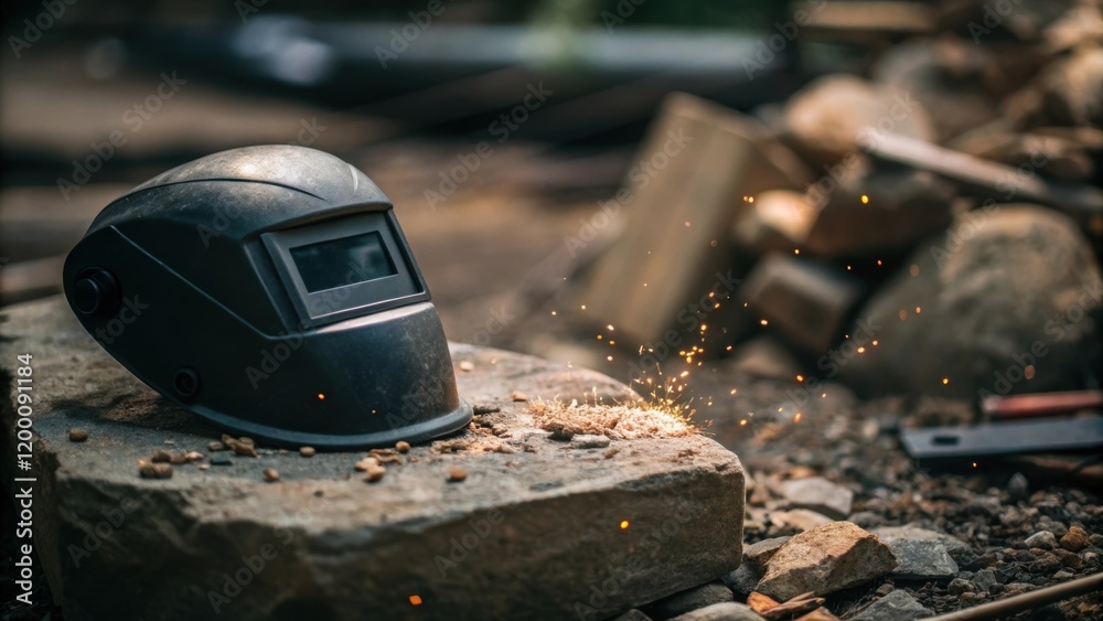 Aufkleber closeup of a welding helmet resting on a nearby rock with tiny debris and sparks from recent work te