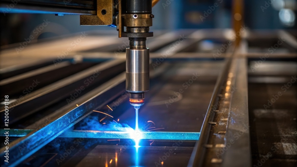 Poster closeup of a welding torch ignited with a bright blue flame reflecting in the nearby machinery symbo