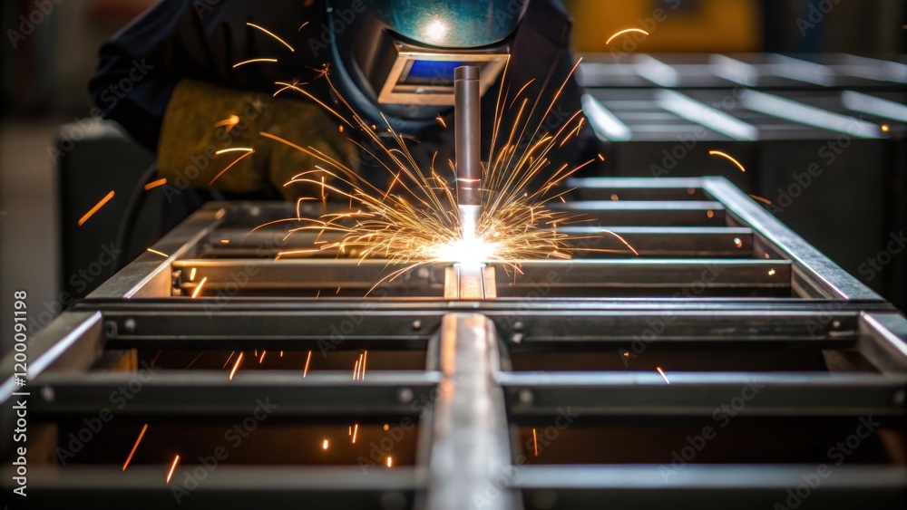 Aufkleber closeup of a welding torch igniting with sparks flying as a technician welds metal frames for storag
