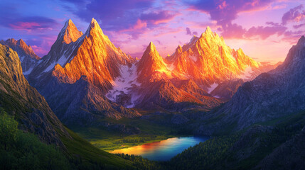 Majestic Mountain Range at Sunrise, Reflecting in a Serene Lake
