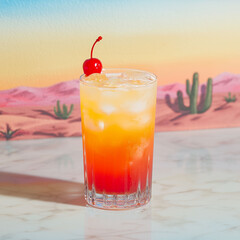 Tequila sunrise in highball glass against desert painting