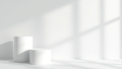 Fototapeta premium two white cylindrical display stands in a minimalist setting
