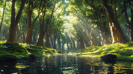 Sunlight streams through a lush forest beside a babbling brook.