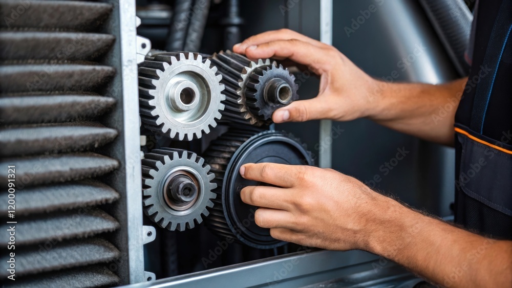 Fototapete closeup of a workers hands adjusting mechanical components of an air scrubber demonstrating the prec