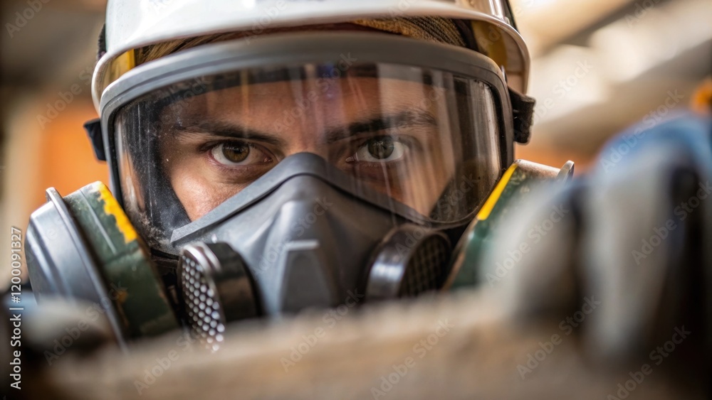 Poster closeup of a workers face partially obscured by a safety mask reflecting determination as they prepa