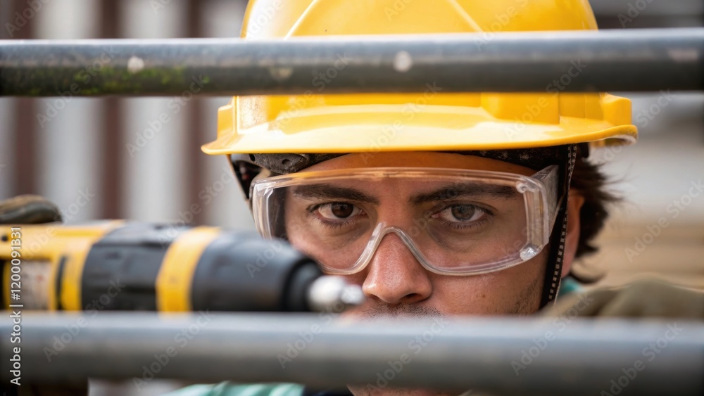 Poster closeup of a workers face focused and determined wearing a hard hat and safety goggles as they posit