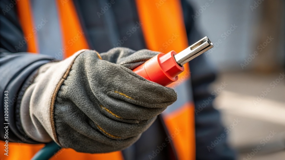 Poster closeup of a workers gloved hand holding an insulated connector highlighting the texture of the mate