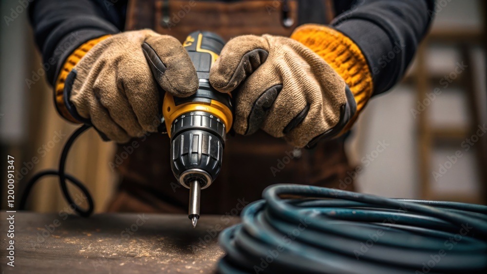 Poster closeup of a workers gloves gripping a power drill fastening components together with a look of dete