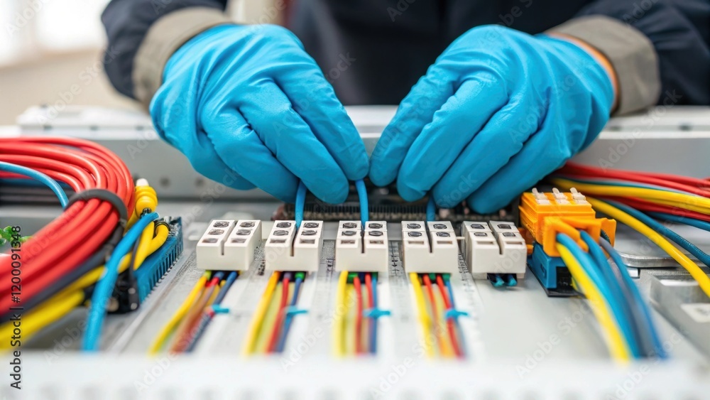 Aufkleber closeup of a workers gloved hands assembling intricate electrical components with colorful wires and