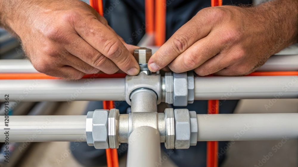 Poster closeup of a workers hands tightening a joint connector on a newly laid conduit showcasing the intri