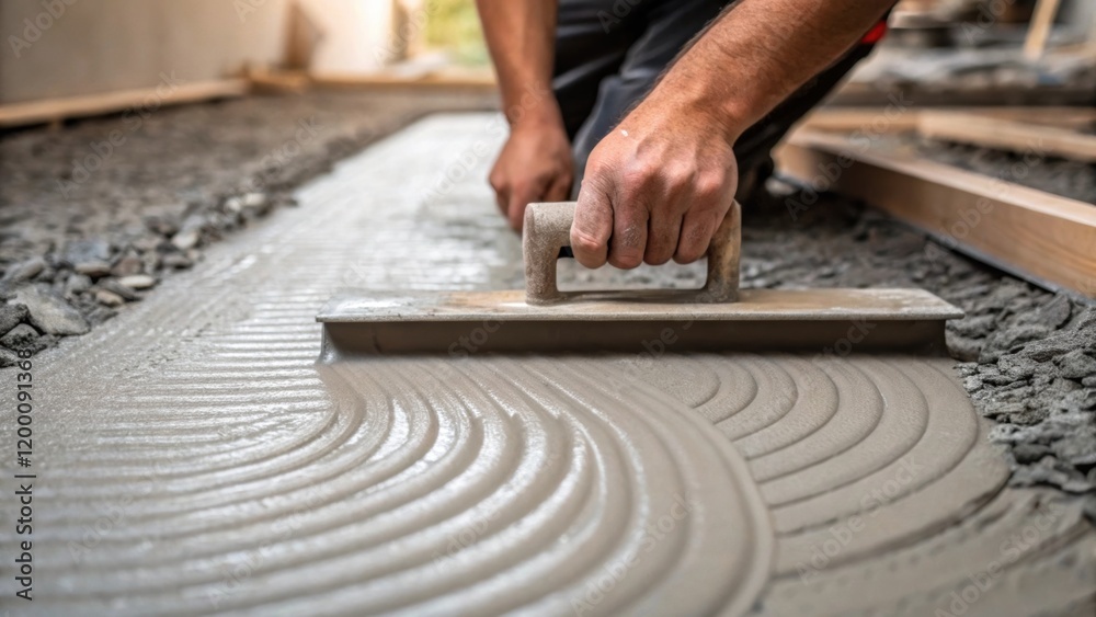 Poster closeup of a workers hands meticulously leveling fresh concrete with a trowel showcasing a mix of te