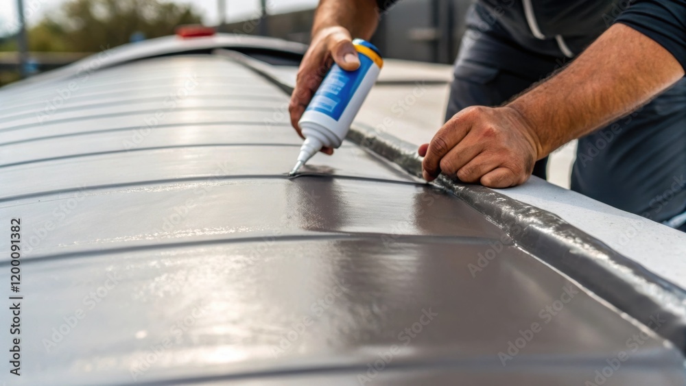 Aufkleber closeup of a workers hands applying waterproof sealant to the edges of a newly installed tank focusi