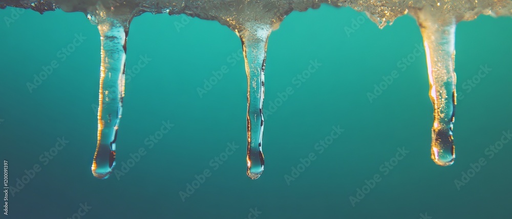 Poster melting ice creates unique textures as water droplets form and fall in a serene setting