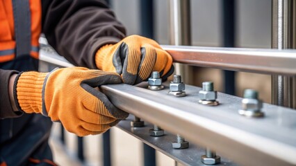 Closeup of a workers gloved hands tightening bolts on bracket connections showcasing the intricate details of the railings being installed.