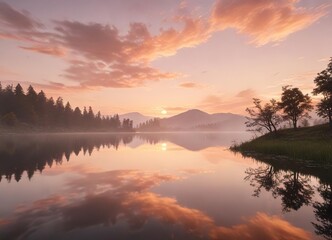 Fototapeta premium Soft peach hues blend with creamy whites in a serene cloudy sunset over a tranquil lake, sunset, warm tones