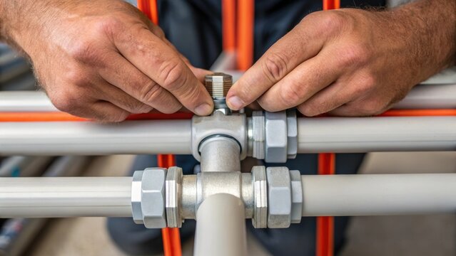 Closeup of a workers hands tightening a joint connector on a newly laid conduit showcasing the intricate details of the mechanics involved in assembly.