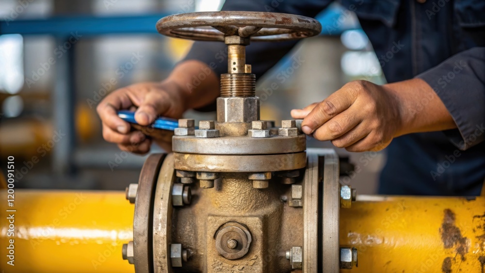 Poster Closeup of a wornout seal being rep on a valve with the technicians hands skillfully manipulating the parts signifying the ongoing need for upkeep in chemical processing.