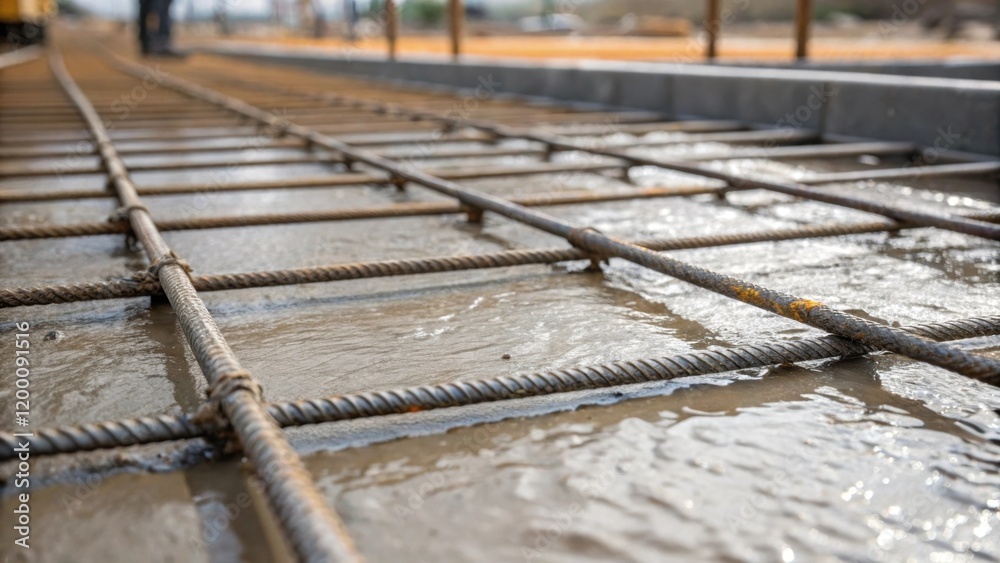 Poster closeup of concrete strengthening cables being laid into the wet mix showcasing reinforcement and st