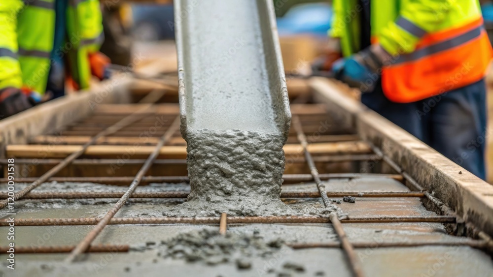Poster closeup of concrete being poured into a formwork with focused attention on the fluid texture and tea