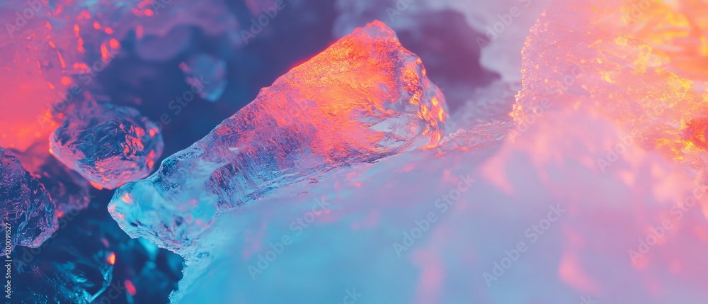 Poster frozen ice illuminated with vibrant colors showcasing intricate patterns and crystalline structures