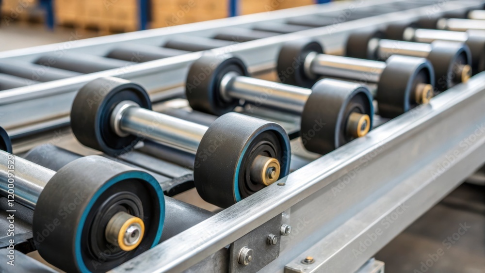Poster closeup of conveyor rollers being installed revealing the intricate engineering and robust materials