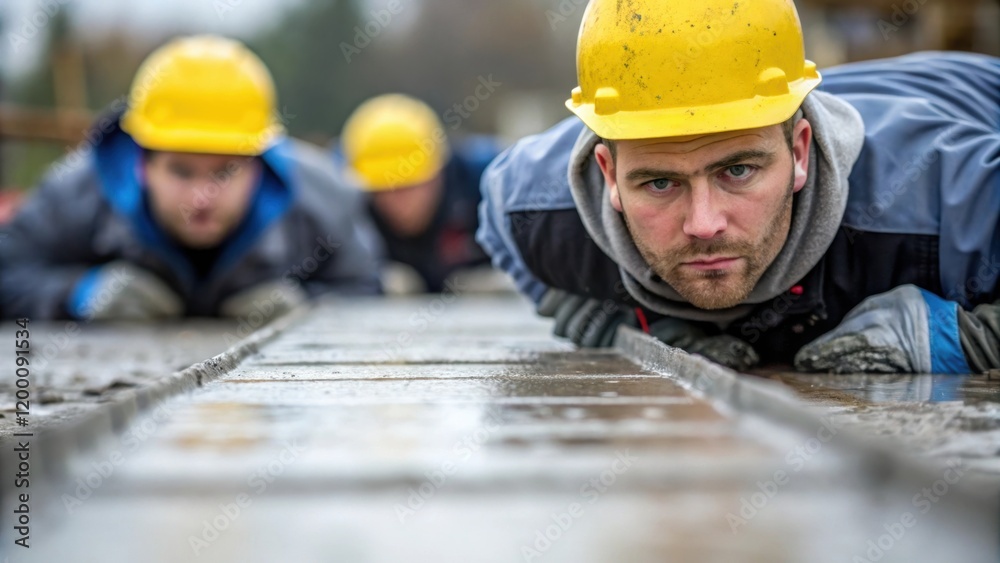 Poster Closeup of construction workers laying down reinforced concrete foundations capturing the texture of the concrete and the focused expressions of the team.