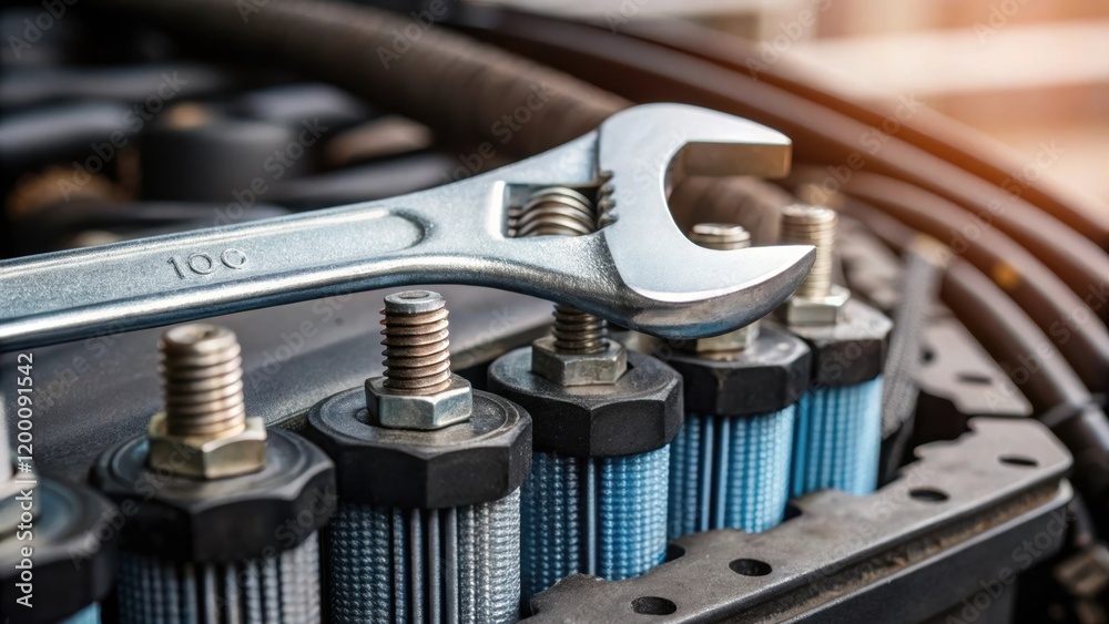 Poster closeup of a wrench tightening bolts on the air filtration system highlighting detailed mechanical w