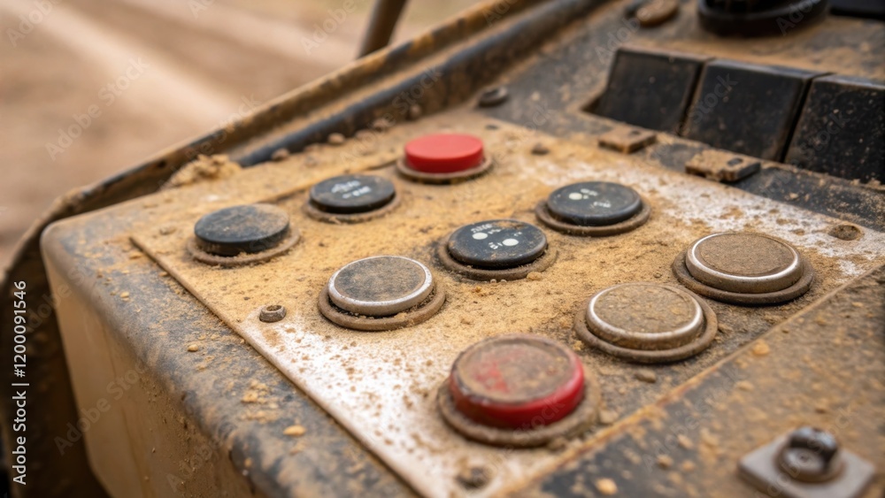 Poster Closeup of control buttons on a drilling console covered with mineral deposits illustrating the environmental impact and the importance of regular cleaning.