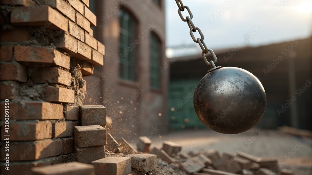 Poster closeup of a wrecking ball swinging through the air captured just before impact with a factory struc
