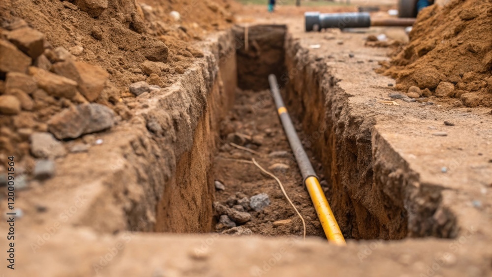 Poster closeup of dirt and debris on the edges of a fresh conduit trench where workers have recently cleare