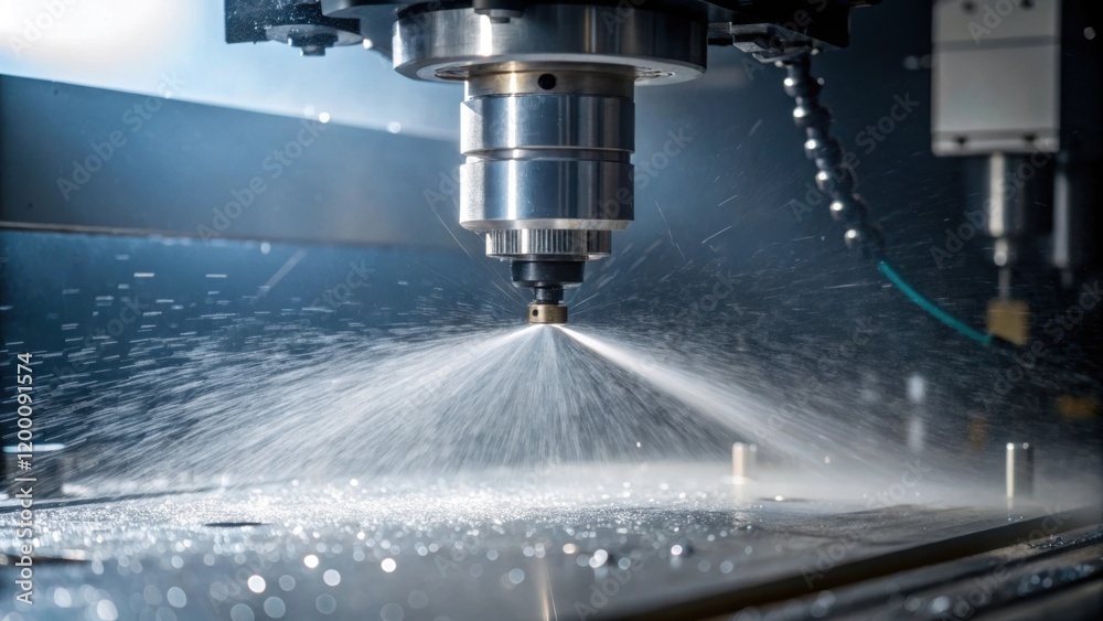 Leinwandbilder Closeup of coolant mist spraying from a CNC machine during a machining operation with droplets glinting in the overhead light emphasizing the importance of cooling in highprecision
