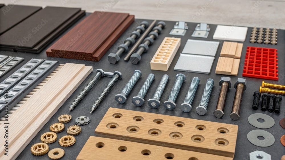 Poster Closeup of diverse construction materials neatly organized on a workbench featuring bolts panels and fasteners emphasizing the variety of components essential for modular assembly.