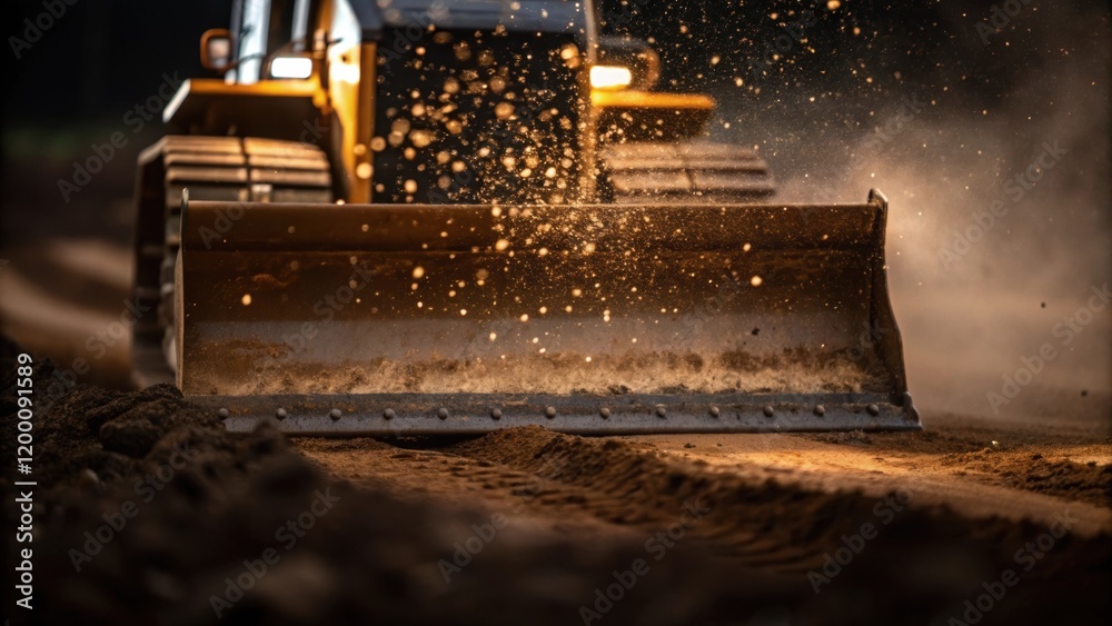 Poster closeup of earth being pushed aside by a powerful dozer blade with particles flying into the air cau
