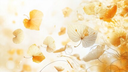 Golden leaves floating on a soft, bright background.