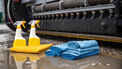 Closeup of cleaning rags and applicators soaked in solution lying next to a large piece of industrial equipment showcasing thorough cleaning preparations.