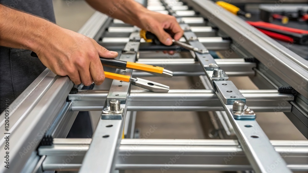 Aufkleber Closeup of hands using tools to secure metal framework of a conveyor system highlighting precision and craftsmanship in assembly.