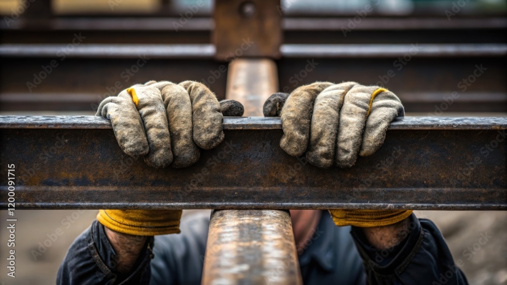 Poster closeup of hands gripping heavy steel beams with gloves slightly dusty illustrating the physical eff