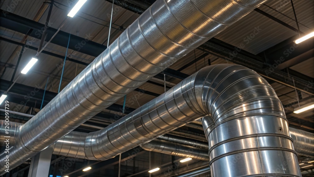 Poster closeup of heavyduty ductwork with shiny metallic surfaces reflecting overhead lights revealing the 