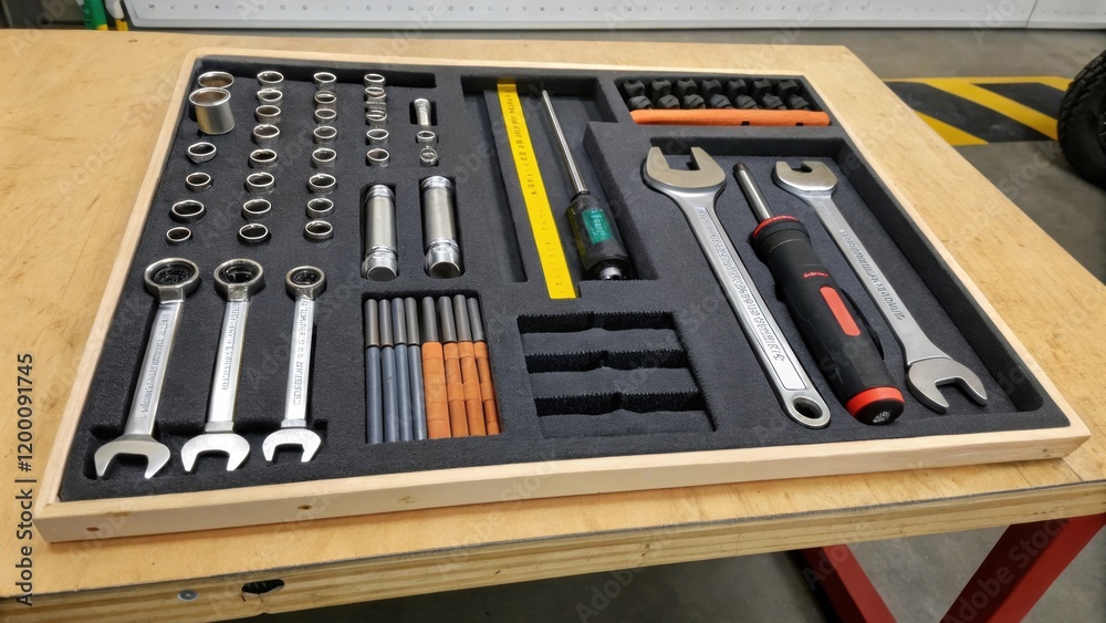 Aufkleber Closeup of hand tools tered on a workbench including wrenches and soundproofing adhesive providing insight into the assembly process.
