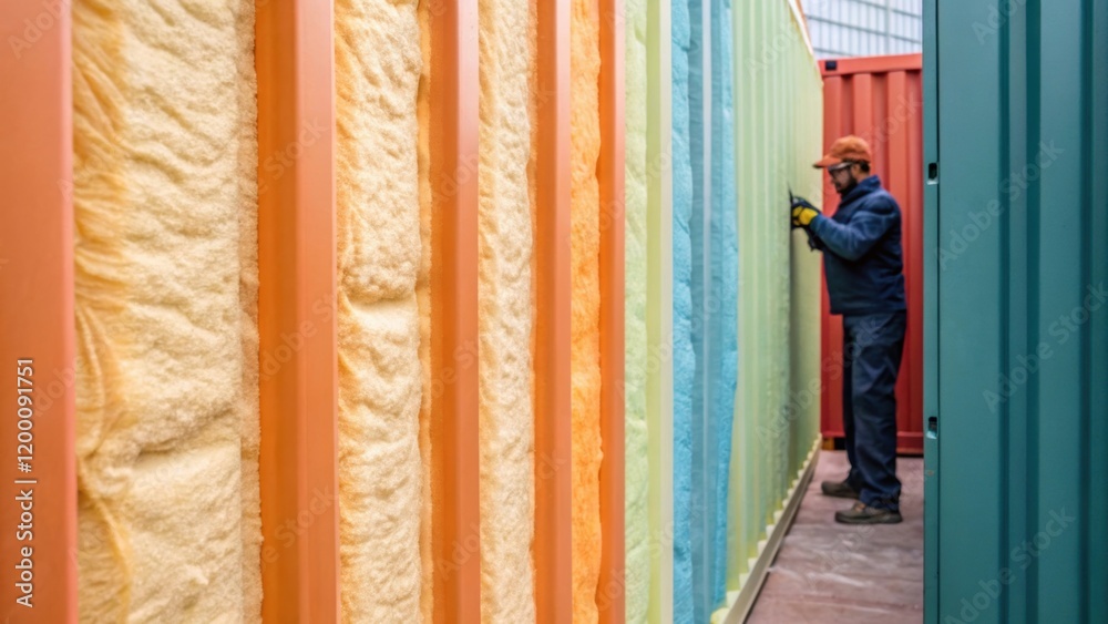 Aufkleber Closeup of insulation material being installed carefully into the walls of a container with different textures and colors of materials contrasting vividly.