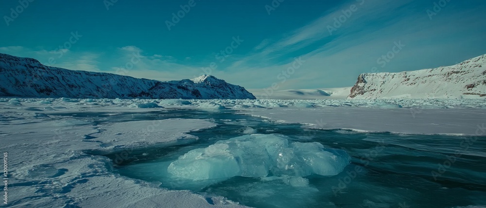 Poster frozen patterns on ice reveal intricate textures in a stark winter landscape under a clear sky