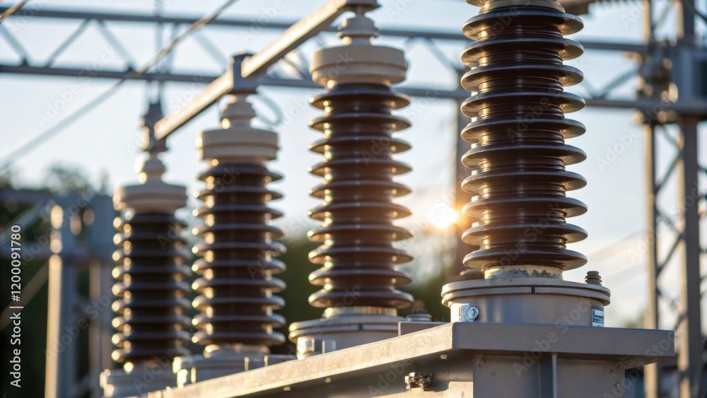 Poster closeup of highvoltage insulators mounted on metallic structures with sunlight glinting off their su