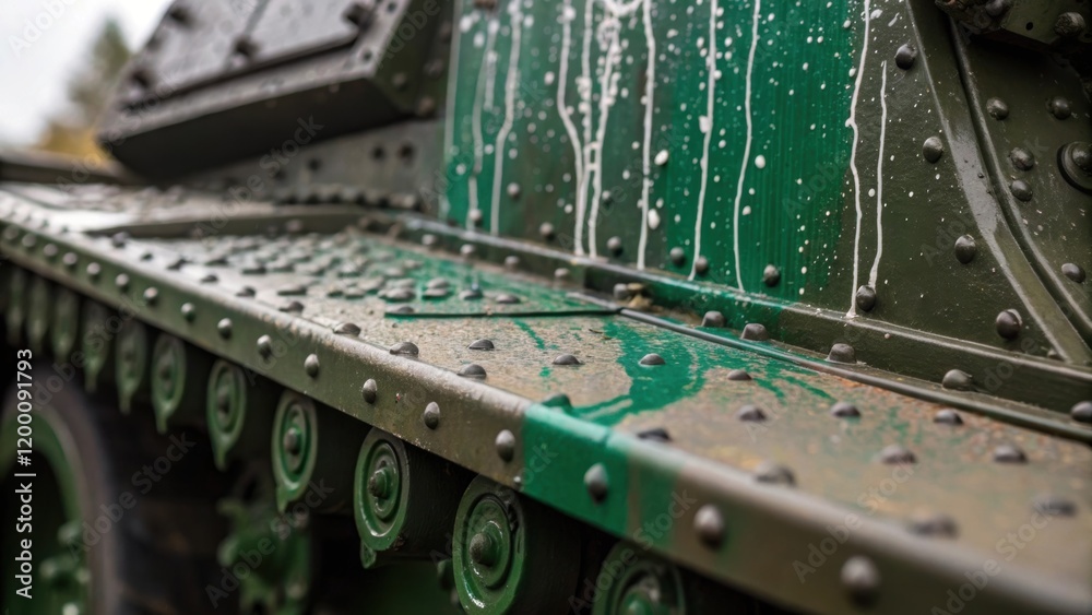 Aufkleber Closeup of intricate patterns created by paint splatters on a tanks edge with droplets suspended midair and rich green hues contrasting the dull gray metal.