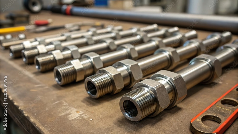 Poster closeup of intricate pipe fittings laid out on a workbench highlighting the precision engineering re