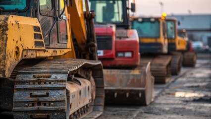 Closeup of heavy machinery such as bulldozers and excavators parked in a maintenance yard with grease stains and vivid colors that highlight their rugged features.