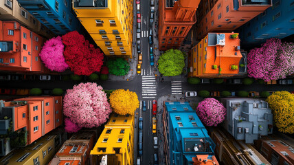 City map recreated with colorful flowers, whimsical and vibrant design