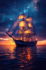 Obraz premium Sunset sailship, starry night, ocean calm.