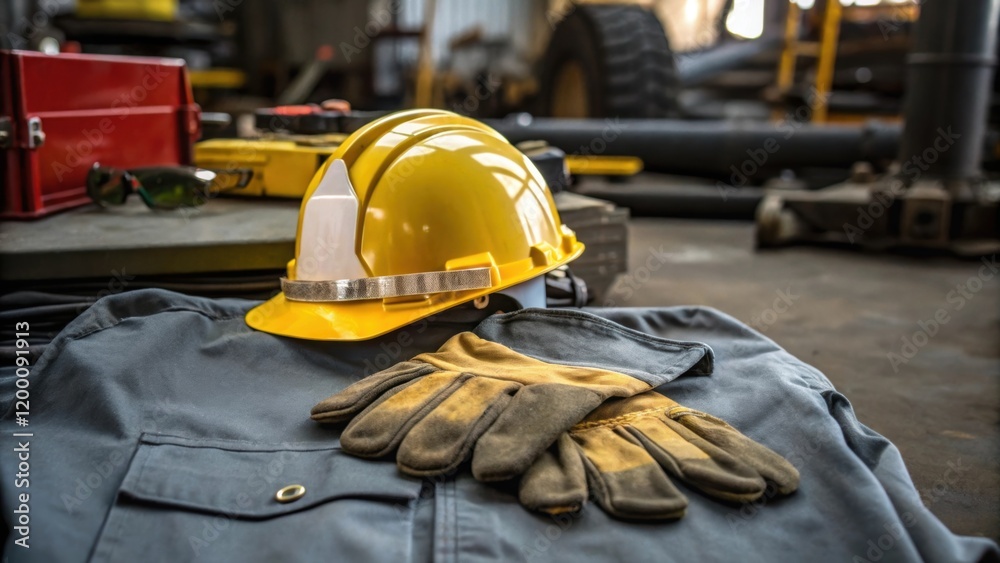 Poster closeup of safety gear a reflective helmet and protective gloves resting on a folded work shirt with