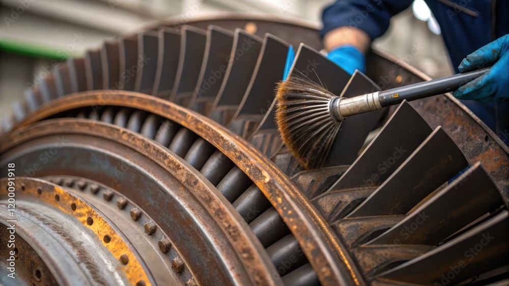 Poster closeup of rusted metal components of a turbine with a technician carefully using a brush to remove 