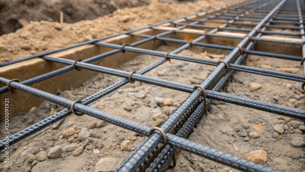 Aufkleber Closeup of reinforced steel foundations being laid on uneven terrain showcasing the ruggedness of the materials used to support the modular structure in remote locations.